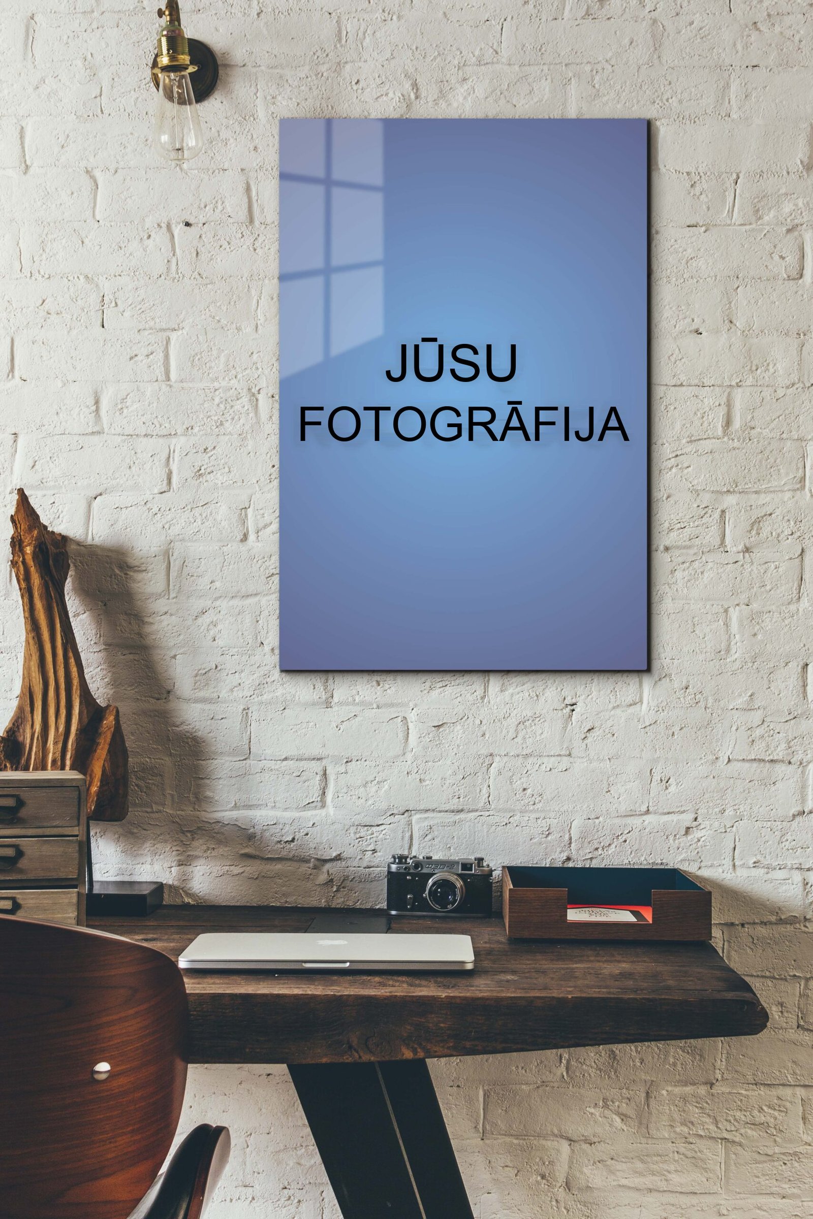 Personalizētas gleznas uz alumīnija 40 × 60 cm vertikāls makets ar uzrakstu JŪSU FOTOGRĀFIJA – foto uz alumīnija
